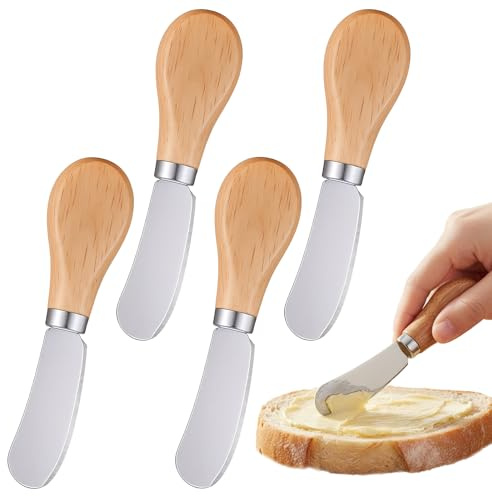 Larrel 4 Stück Buttermesser, Edelstahl Klein Buttermesser Butterstreichmesser mit Holzgriff Marmelade Messer Käsemesser Dessertmesser Set Küchenwerkzeug Besteck für Butter, Käse, 12 x 3 cm