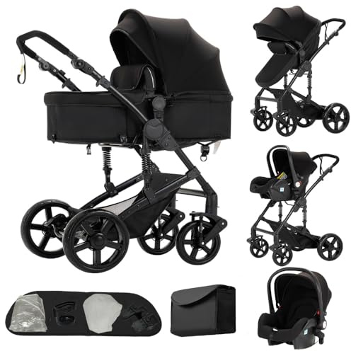 Poussette 3 en 1, double suspension, pliage un clic, sac bébé inclus, noir | Ensemble poussette adapté aux bébés et jeunes enfants, pratique au quotidien
