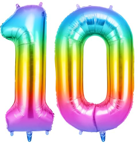 OFFCUP Geburtstag Zahlen Luftballon Mehrfarbig, Geburtstagsdeko Ballons 10 | Riesige Folienballon in 40 Helium Ballons für Männer Frauen Geburtstagsparty Deko, Jubiläum 10 Jahre Deko