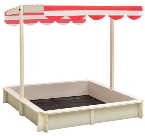 Sandkasten aus Holz, Spiele für den Außenbereich, Kinder, mit verstellbarem Dach, Tannenholz, Weiß und Rot, UV50, 115 x 115 x 115 cm
