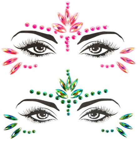 YIPFEN 2 pièces strass autocollants pour visage, cristaux scintillants en rose et vert, paillettes visage pour maquillage carnaval, festival et fête