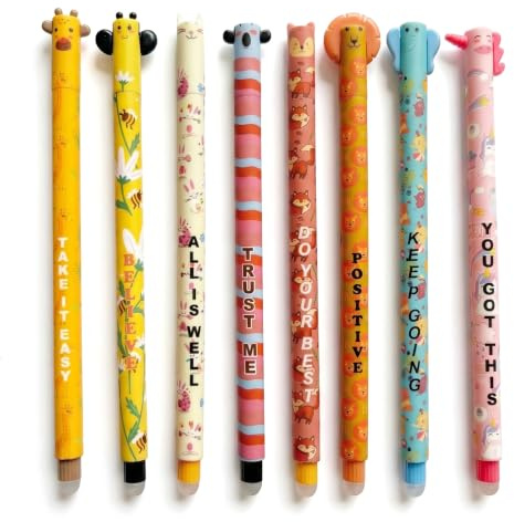 FIQLUL 8 Pezzi Penne Cancellabili Gel per Bambini, Penna Cancellabile 0.7mm Inchiostro Nero, Set di Penne con Animali Carini per Scuola, Gadget Compleanno e Regali Fine Festa Bambini