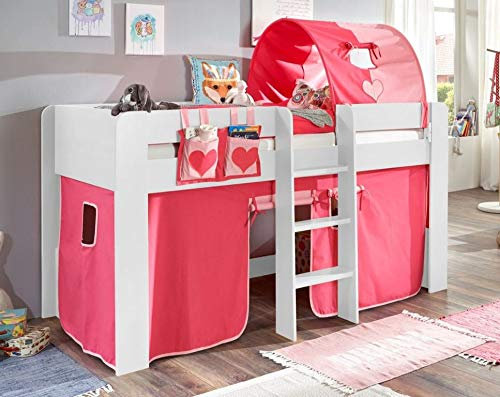 Froschkönig24 Hochbett ANDI 2 Kinderbett Spielbett halbhohes Bett Weiß Stoffset Pink/Rosa