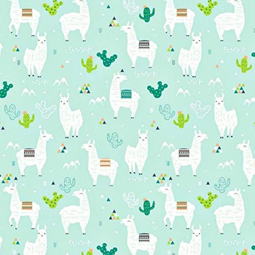 Pingianer 100x160cm Lama 100% Baumwolle Baumwollstoff Kinder Meterware Handwerken Nähen Stoff (Hase Mond Herz Weiß) (Lama Türkis, 100x160cm (11,99€/m))