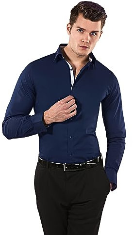 Vincenzo Boretti Herren Hemd Body-fit (besonders Slim-fit tailliert) Uni bügelleicht dunkelblau/weiß 39-40
