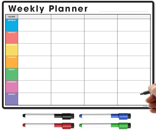 TMS Magnetic Weekly Planner and Organiser A4 | Customisable Whiteboard for Family or Business Tasks and Meal Planning | with 4 Free Magnetic Dry Wipe Pen (Multi-Coloured Style 2, A4)