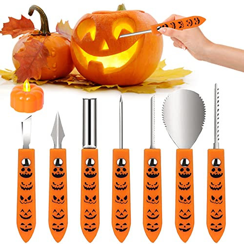 Halloween Kit de Sculpture de Citrouille, 7 Pcs Kit Sculpture Citrouille, Kit Sculpture Citrouille Professionnels en Acier Inoxydable avec 1 LED Licht Outils de Gravure DIY pour Halloween Decoration