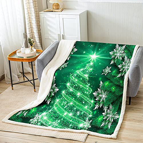 Loussiesd Mädchen Weihnachtsbaum Kuscheldecke Grün Weihnachten Thema Decke 150x200cm Winter Schneeflocke Wohndecke für Mädchen Tochter Schlafzimmer Dekor Mädchenhaft Glitter Flanell Fleecedecke