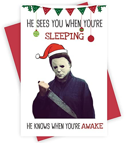 Lustige Weihnachtskarte für den Freund, gruselige Michael Myers Weihnachtskarte, humorvolle He Sees You-Karte