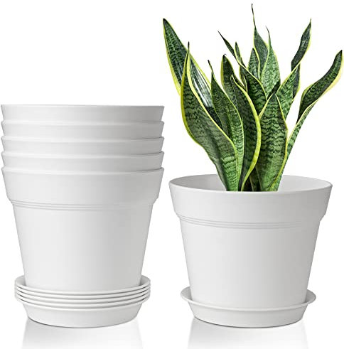 T4U 19cm Kunststoff Blumentopf mit Untersetzer, 6er-Set Plastik Übertopf Kräutertopf mit Mehrere Ablauflöchern, Rund Pflanzkübel für Innen und Balkon Sukkulenten Kaktus, Weiß