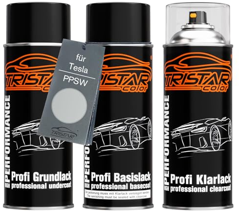 TRISTARcolor Autolack Spraydosen für Tesla PPSW White Water Perl + Klarlack | Shasta Perl White, Set aus Grundlack + Basislack + Klarlack, Sprühdosen 400ml