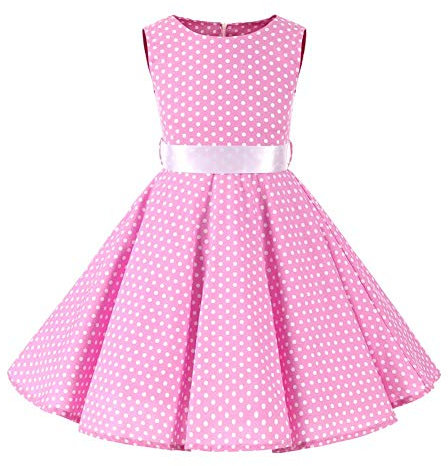 IWEMEK Robe Cérémonie Vintage Fille Enfant Rockabilly Année 50/60 Retro à Pois Polka Dot Imprimé Floral Pin Up de Soirée Fête Cocktail Noël Mariage A-Ligne Midi Rose 9-10 Ans