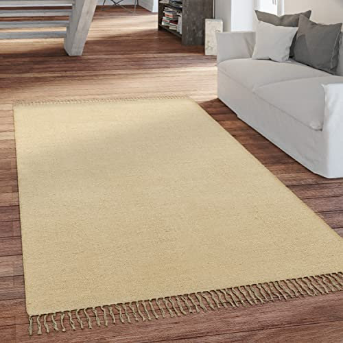 Paco Home Teppich Wohnzimmer Schlafzimmer Boho Style Flachgewebe Modern Baumwolle Mit Fransen Handgearbeitet Einfarbig, Grösse:60x100 cm, Farbe:Creme