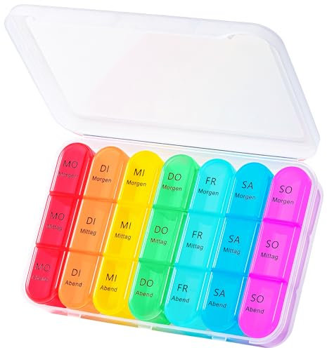 Daviky Medikamentenbox 7 Tage 3 Fächer, Tablettenbox Morgens Mittags Abends, Pillendose 7 Tage 3 Fächer mit Großen Separaten Fächern, Kleine Reise-Wöchentlicher Pillendose für Vitamine und Medikamente