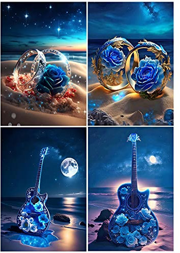 DCIDBEI Diamond Painting Rose Bleu Lot 4 30x40 cm Broderie Diamant Rose Diamond Painting Rose Musique Diamond Painting Rose Enchantée Broderie Diamant Kit Complet Guitare Painting Diamant Paysage Mer