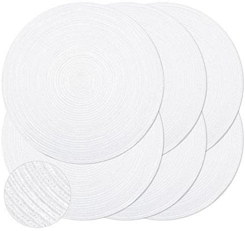 Noctiflorous Runde Platzsets, 38,1 cm, strapazierfähig, geflochten, gewebt, hitzebeständig, für drinnen und draußen, rutschfest, Esstisch, Platzsets, 6 Stück, Weiß / Silber, 6 Stück
