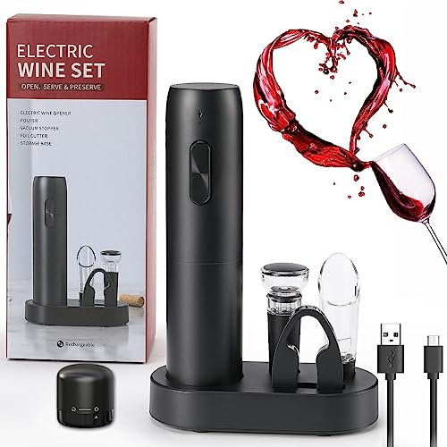 ZOYIDOUX 7-in-1 wiederaufladbares elektrisches Korkenzieher-Geschenkset, elektrischer Weinöffner mit Basis, Schneider, Ausgießer, Silikon-Vakuumstopfen, Weinkorken mit Schloss, USB-Ladeleitung