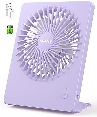 TriPole USB Desk Fan, Portable 2000mAh Battery Rehcargeable Table fan, 3 Speeds 4-16H Silent Mini Fans 180° Adjustable Handheld Fan for Office, Bedroom, Home, Travel, Camping-Purple