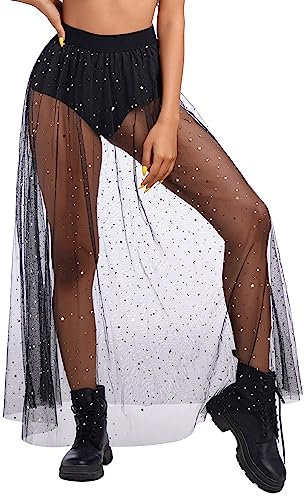 Damen Sexy 2 in 1 Transparent Mesh Rock High Waist Maxirock Glitzer Sterne Frezeit Strand Streetwear Clubwear Schwarz S