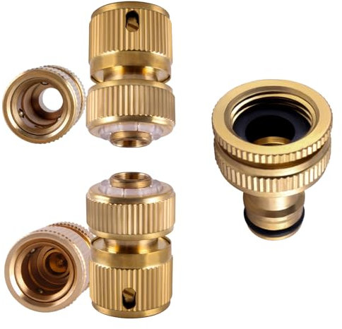 BEVDICNC Messing Schlauchanschluss,3-teiliges Set 1 x 4-Punkt-Anschlag + 1 x 4-Punkt-Durchfluss + 1 Standardbeschlag für Rohr Verbinden Gartengeräte Schläuche Schlauchkupplung