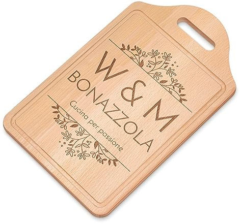 Maverton Tagliere di legno incisione personalizzata - Battilardo classico con manico - tagliere legno formaggi - Gadget cucina per coppia - Taglieri rettangolari 38 x 23 cm - Fiori
