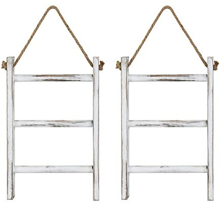 Speesy 2 escaleras para colgar en la pared, rústicas, de madera blanqueada, para encimera, decoración de casa de campo, toallero con cuerda ajustable