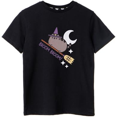 Pusheen Girls T-Shirt | Broom Broom Halloween Black Graphic Tee for Children | Witchy The Cat Fun Lightweight Top | Cute & Spooky Holiday Cartoon Gift for Her