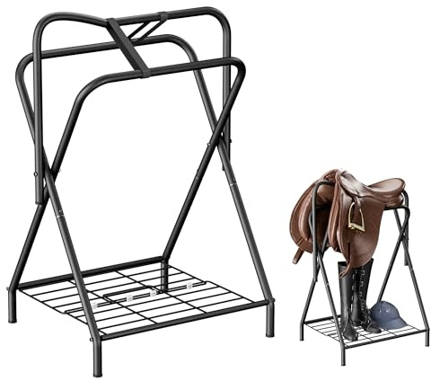 Dunatou Foldable Saddle Rack with Bottom Storage Shelf – Heavy Duty Horse Saddle Stand for English & Western Saddles, Portable Blanket Holder & Saddle Pad Rack for Tack Room, Barn & Trailer, Black