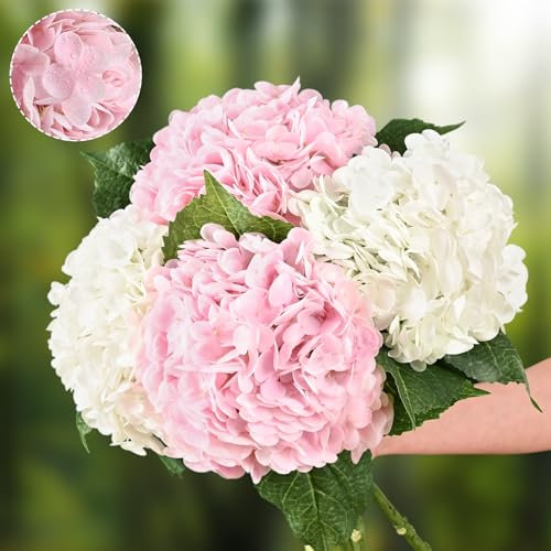 Waipfaru 4 flores artificiales de hortensias de tacto real, flores de hortensias falsas rosas y blancas, flores de hortensias artificiales de látex realistas de 21 pulgadas para ramo de boda,