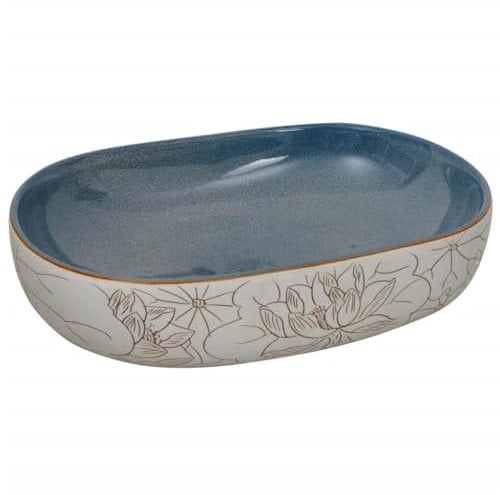 vidaXL Aufsatzwaschbecken, Oval Waschbecken mit Muster, Handgefertigt Waschtisch Waschschale für Badezimmer, Handwaschbecken Spülbecken, Sandfarben Blau 59x40x14 cm Keramik