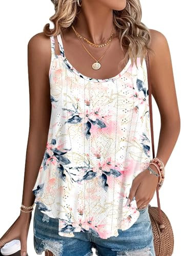 WNEEDU Tops sans Manches débardeur d’été Femmes Gilet de Cou Chemisiers décontractés lâches Chemises pour Femmes Gilets pour Dames Chemise Caraco débardeurs de Base Fleur Blanche et Rose S