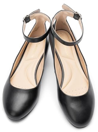 Cusolemore Ballerinas Damen Flache Schuhe für Frauen mit Knöchelriemen Niedriger Keilabsatz, Bequeme Casual Dress Schuhe Elegant Flats Schwarz 41