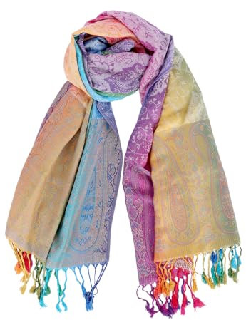 70 x 180 cm Damen Warm Schal, Winter Ethnic Mit Style Colorful Gradient Marokko, Quasten (Weiß)