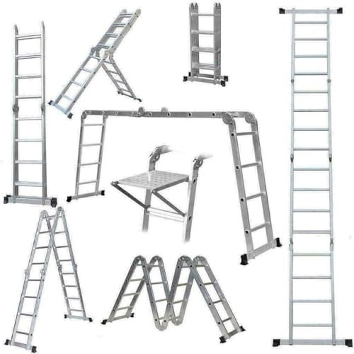 Rigogo 4.7 m Aluminium Folding Ladder, Foldable Multi-Purpose Ladder with Platform, Non-Slip Household Ladder, Stair Ladder, 150 kg Load Capacity, EN131