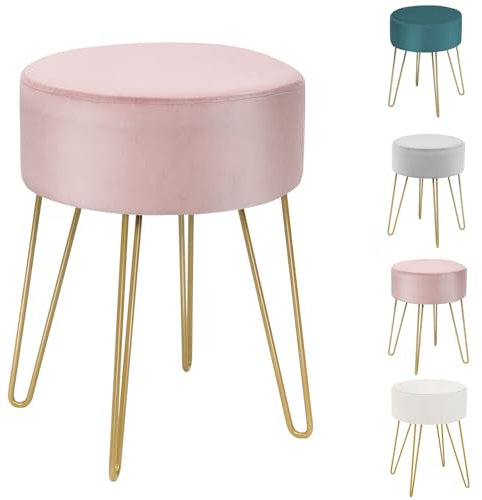 HOMASIS Sgabello per Toeletta Trucco, Pouf Velluto, Poggiapiedi da Divano, Gambe Dorate in Metallo, Sgabello Moderno, 34 x 46 cm (D x A) (Rosa)