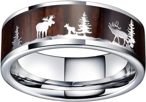 VaEven Schwarzer Wolfram-Jagdring Ehering Holz-Inlay Hirsch Hirsch Silhouette Ring