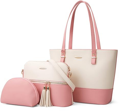 DORRISO Mode 3 Pièces Ensemble Femmes Sac Fourre Tout Sac à Bandoulière Sac à Main Élégant PU Cuir Femme Sac Cabas D'épaule pour Voyage Travail Achats Quotidien Date Sac à Messager Blanc avec Rose