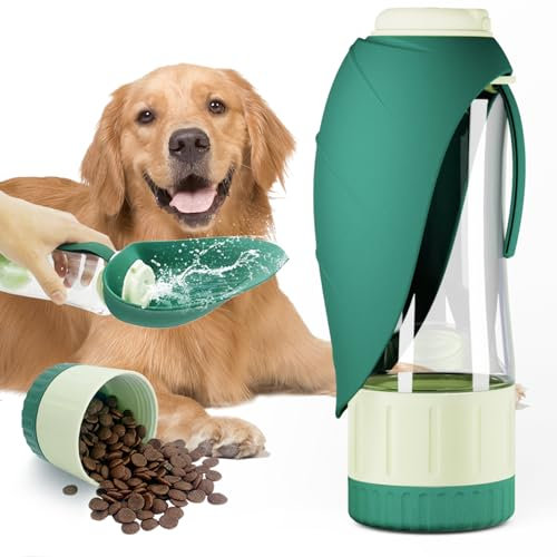 Blanlody Gourde pour Chien - Anti-Fuite - Grande Taille - 600 ML + Distributeur de Nourriture de 190 ML - pour Chien et Chat en déplacement, Voyage et Anniversaire (Vert, 600ml)