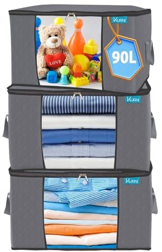 KURNI Storage Bags Clothes Organizer 3 Pack Grey, Large Moving Boxes 90L Capacity, 3 Sided Zipper Storage Box. Dust/Mites Proof 60 x 43 x 35cm