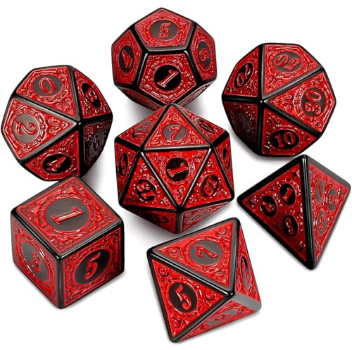 KSJEHW DND Dice Polyedrisches Würfel Set - 7 Stück für Dungeon und Dragons MTG RPG D&D D20, D12, D10, D%, D8, D6, D4 (Rote Gravurmuster)