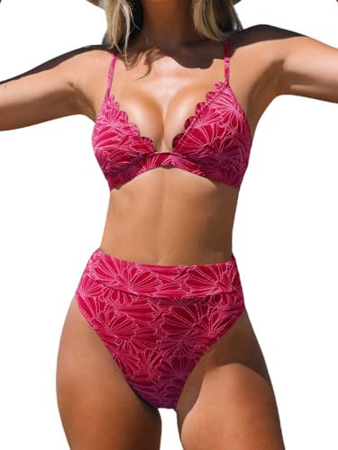 CUPSHE Bikini da donna a vita alta, costume da bagno incrociato smerlato con scollo a V, due pezzi, push-up, Rosso fucsia, L