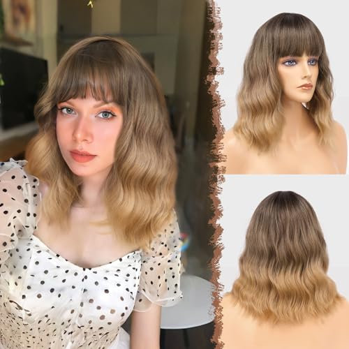 FESHFEN Wellig Bob Perücke mit Pony - 35cm Schwarz bis Braun Blond Wellen Schulterlänge Perücken für Damen Frauen Synthetik Kunsthaar Haarperücke für Alltag Karneval Fasching