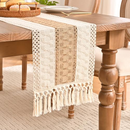 Aisybaklyn Tischläufer Braun Boho Deko Makramee Winter Table Runner Bauernhaus Tisch Läufer Landhausstil mit HäkelHäkelspitze Quasten Tischlaufer für Urlaub Party Hochzeit Küche Tischdeko,
