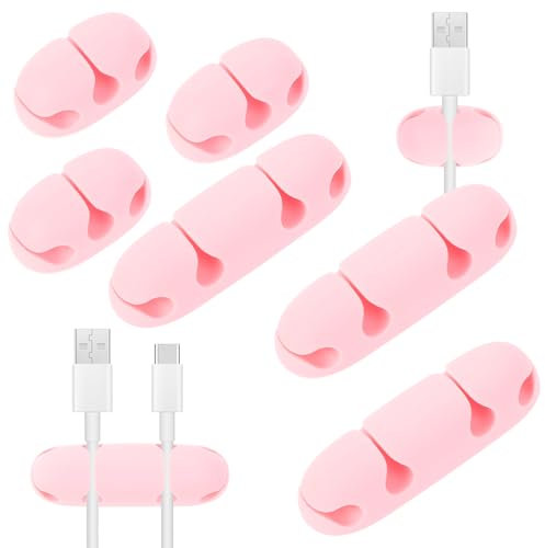 Bewudy 6 Pcs Cable Holder Clips, USB Cable Organizer Clips Cord Holder, Cable Management Wire Cord Organizer for Desk, Nightstand, Phone Charger, Computer, Home, Office, Car(Pink)