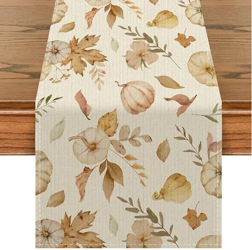 Ahornblätter Tischläufer für Herbst, Kürbis Deko Tischdecke, Tischdeko für Erntedankfest, Thanksgiving Party Dekoration (Beige, 40 x 180 cm)