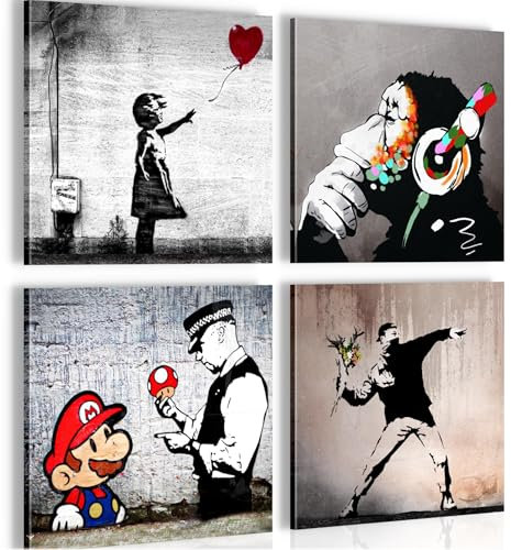 Novart Bilder Set Banksy Style - KOMPLETT AUFHÄNGFERTIG - Grau Bunt Wohnzimmer Schlafzimmer Flur - 4 Moderne Wandbilder - N037044a