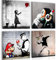 Novart Bilder Set Banksy Style - KOMPLETT AUFHÄNGFERTIG - Grau Bunt Wohnzimmer Schlafzimmer Flur - 4 Moderne Wandbilder - N037044a
