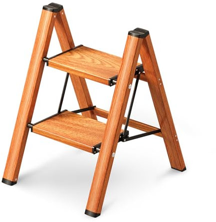 GameGem 2 Step Ladder, Folding Step Stool with Anti-Slip Wide Pedal, Aluminum Material Lightweight yet Sturdy, 150 KG Loading, Cute Modern Apperance for Indoor Household Spaces, Woodgrain
