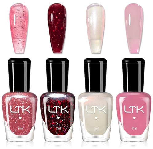 4pcs Nail Polish Sets - Quick Dry Nail Varnish Set - Jelly Pink & Pearl White nail Polish - Coral Pink & Red Glitter Nail polish - No Bake Breathable nail Polish Gift set for Women