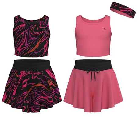 Essenclo Flowy Girls Butterfly Shorts Skirts w/Pockets & Athletic Sleeveless Tank Tops, Dance Tennis Cheer Running (5pc Set)